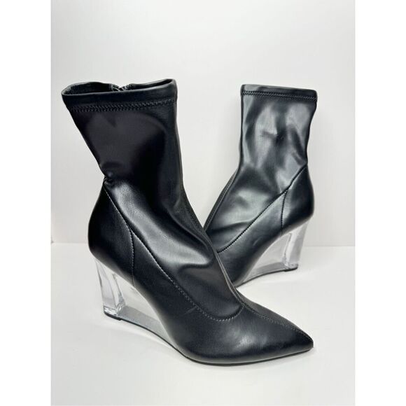 Open Edit Women Erika Women Black Wedge Ankle Booties Size‎ 6 Faux Leather - Picture 1 of 8